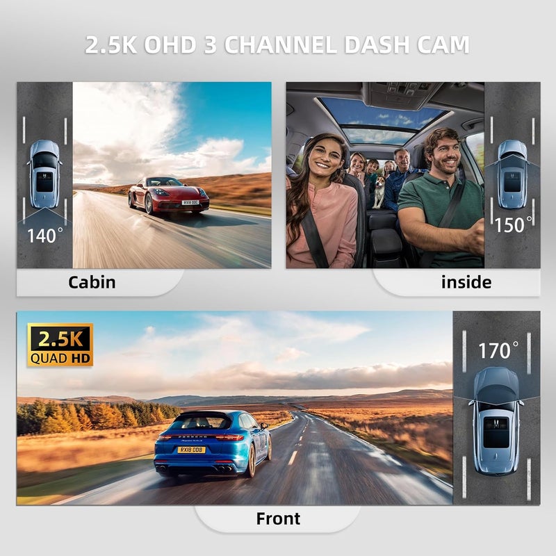 Gloryes 3 Channel Dash Cam with Backup Camera Front and Rear Inside,Interior Car Camera,Dash Camera for Cars, 3.18" IPS Screen, Night Vision, G-Sensor, Parking Assistance, 64G SD Card - Image 5